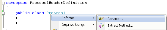 Creating Protocols Header Definition Class (C#) - renaming the class using the Refactor context menu