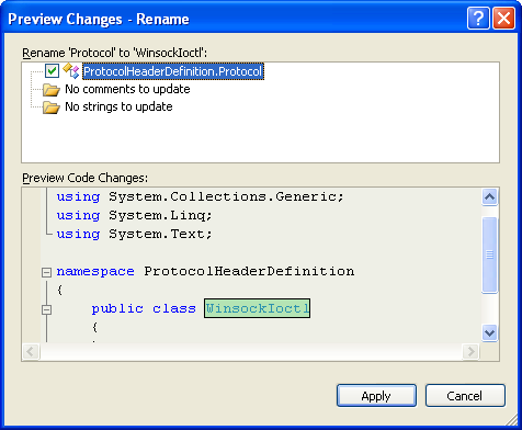 Creating Protocols Header Definition Class (C#) - previewing the renaming process before confirmation