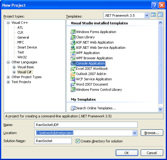 C# Raw UDP Socket Program Example - creating a new console application project in Visual Studio 2008