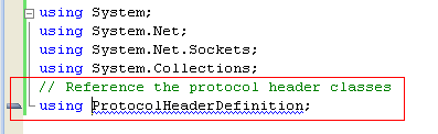 C# Raw UDP Socket Program Example - unresolved header highlighted in the editor