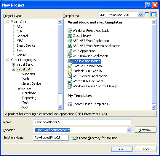 C# Raw Socket Ping Program Example -creating a new console application in Visual Studio 2008