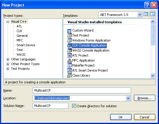 C++ Multicast Program Example - creating a new CLR console application project in VS 2008 IDE