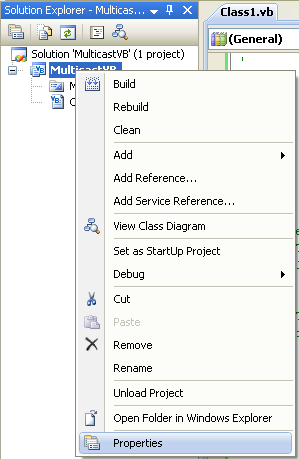 VB .NET Multicast Program Example - invoking the project's property page in VS 2008 IDE