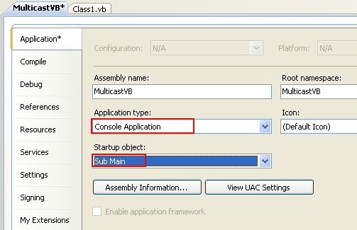 VB .NET Multicast Program Example - changing the application type from DLL to EXE and setting the startup to Main() subroutine in order to test this project