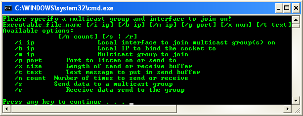 VB .NET Multicast Program Example - a sample output without arguments supplied