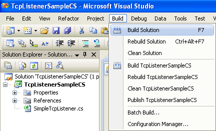 C# TcpListener Program Example - building the project