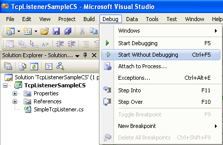 C# TcpListener Program Example - running the project with default argument values