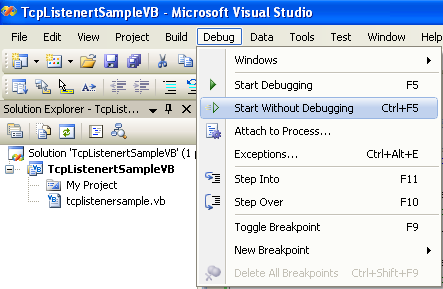 VB .NET TcpListener Program Example - running the project