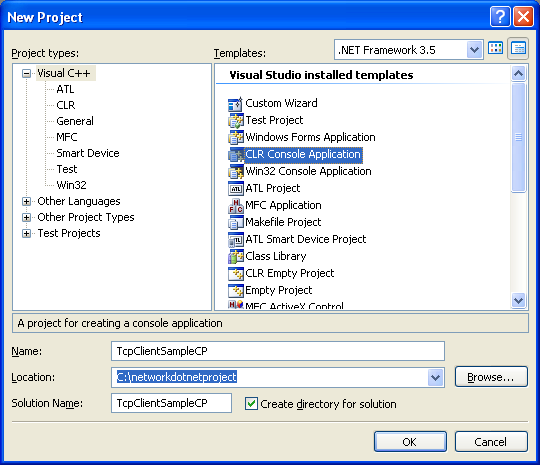 C++ TCP Client Program Example - creating a new CLR console application project in Visual Studio 2008 IDE