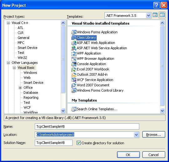 VB .NET TCP Client Program Example - creating a new class library project in Visual Studio 2008 IDE