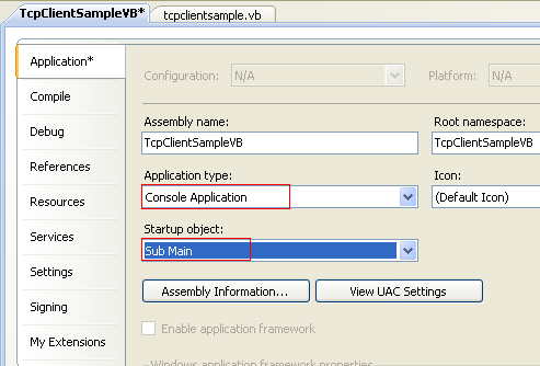 VB .NET TCP Client Program Example - changing the Application type: to Console Application and the Startup object: to Main() subroutine