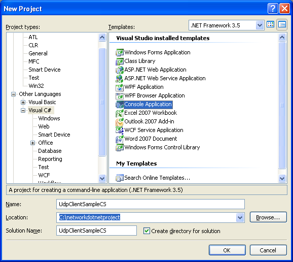 C# UDP Client and Server Program Example - creating a new console application project in Visual Studio 2008 IDE
