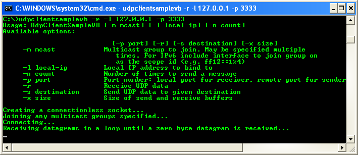 VB .NET UDP Client and Server Program Example - the output sample when we run it as receiver at the command prompt