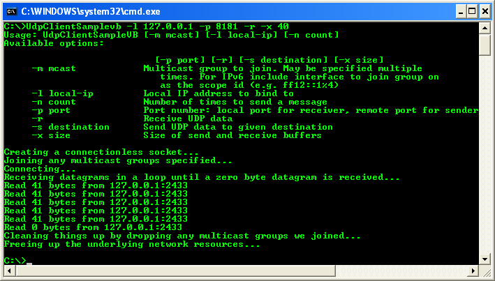 VB .NET UDP Client and Server Program Example - the UDP receiver program screen when the communication was completed