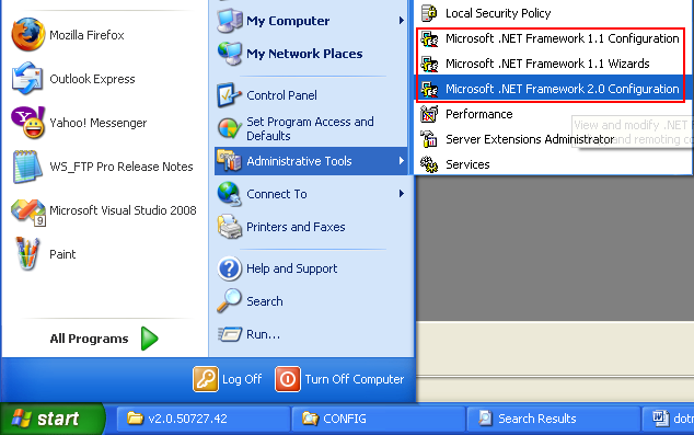 .NET Framework Network Security: Microsoft .NET Framework <version> Configuration tool accessed from the Administrative tools