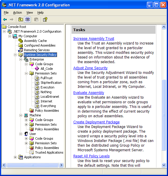 .NET Framework Network Security: the tasks that can be carried out using the .NET Framework 2.0 Configuration utility
