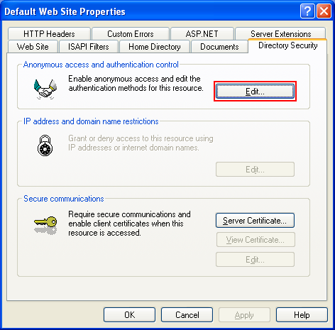 .NET Framework Network Security: Authentication schemes for IIS accessed from Default Web Site property page