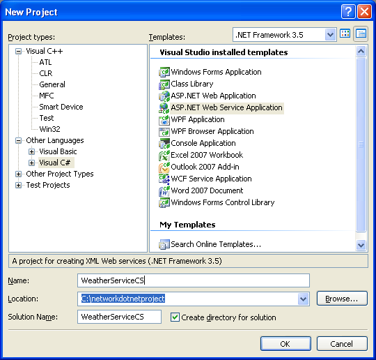 C# ASP .NET web service application project in visual studio