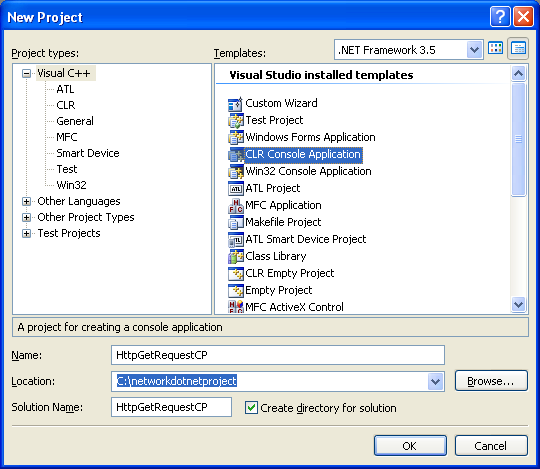 C++ Http Get Request Program Example - creating a new CLR console application project in VS 2008 IDE