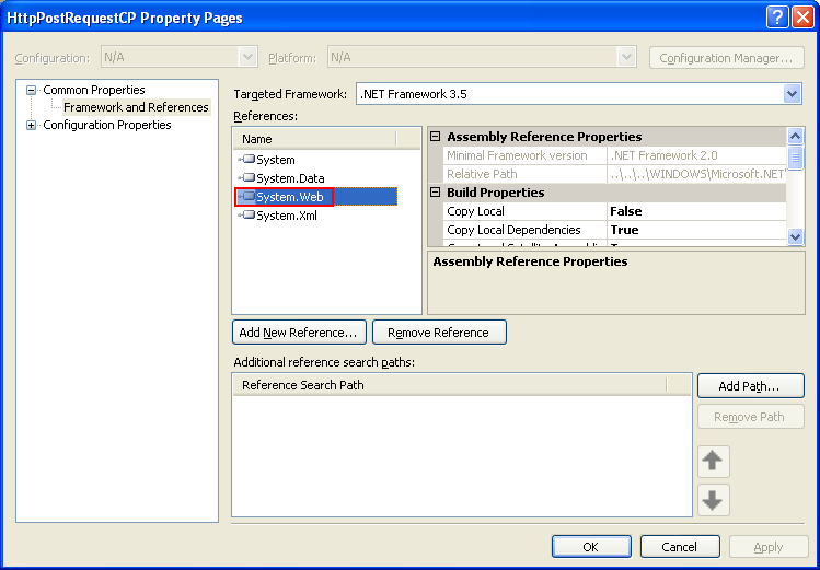 C++ Http Post Request Program Example - the System.Web reference can be seen in the References field