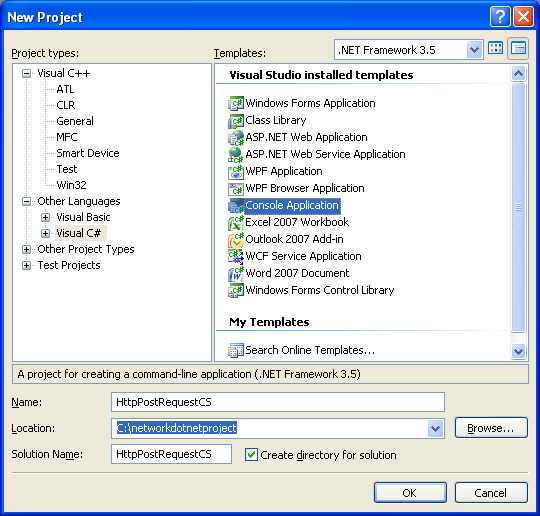 C# Http Post Request Program Example - creating a new Console application project in VS 2008 IDE