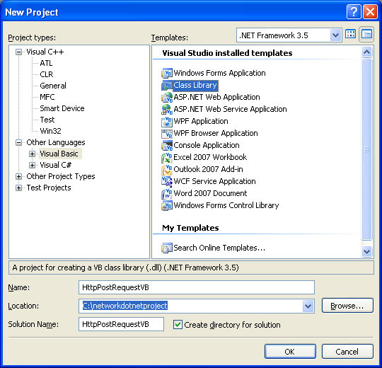 VB .NET Http Post Request Program Example - a new class library project creation in Visual Studio IDE