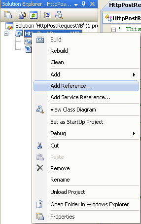VB .NET Http Post Request Program Example - invoking the Add Reference page
