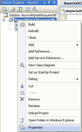 VB .NET Asynchronous Http Get Request Program Example - invoking the project's property page in the VS 2008 IDE