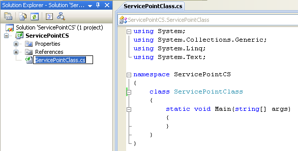 C# Service Point Program Example - renaming the source file automatically renaming the class