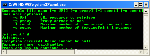 C# Service Point Program Example - a sample output with default arguments