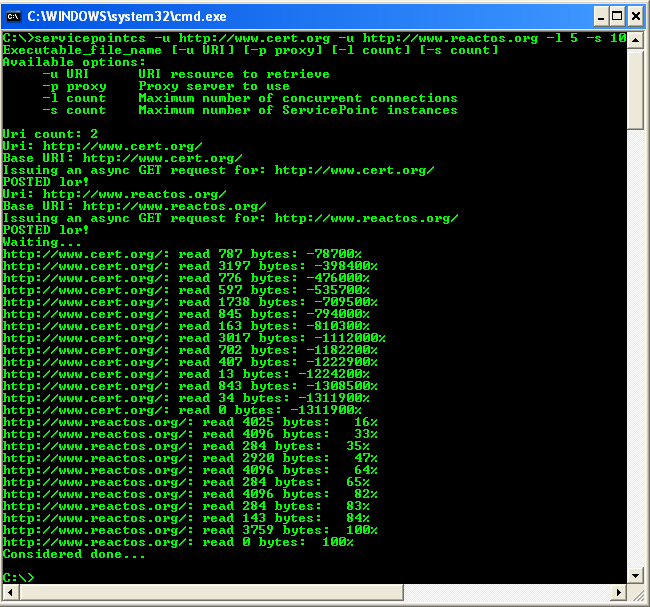 C# Service Point Program Example - a sample output when run from command prompt with argument values