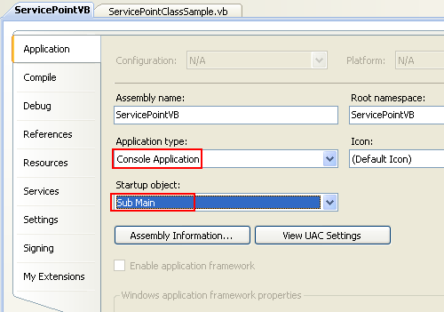 VB .NET Service Point Program Example - changing the Application type: to Console Application and the Startup object: to Main() subroutine