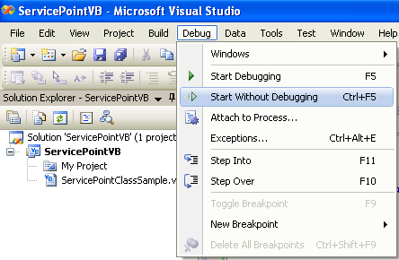 VB .NET Service Point Program Example - running the project