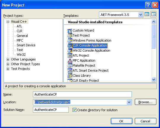 C++ Authentication Program Example - creating a new CLR console application project in VS 2008 IDE
