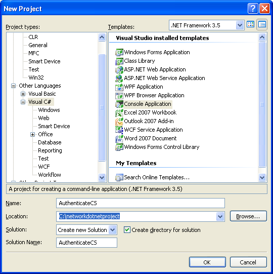 C# Authentication Program Example - creating a new console application project in VS 2008 IDE