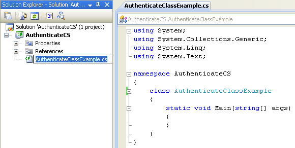 C# Authentication Program Example - renaming the source file will automatically rename the class name