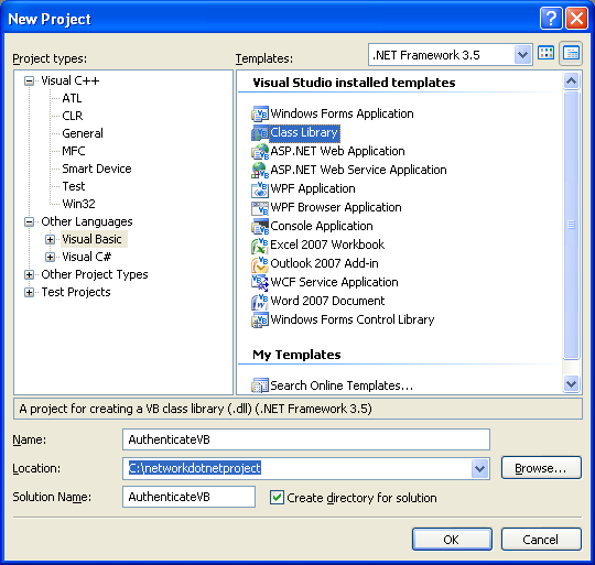 VB .NET Authentication Program Example - creating a new class library project in VS 2008 IDE