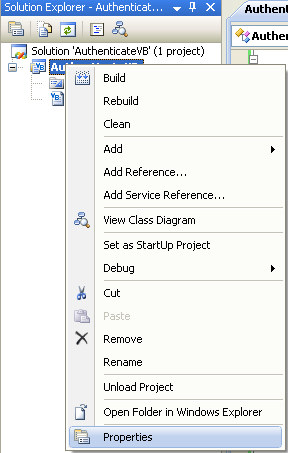 VB .NET Authentication Program Example - invoking the project's property page