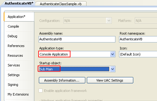 VB .NET Authentication Program Example - Changing the Application type: to Console Application and the Startup object: to Main() subroutine