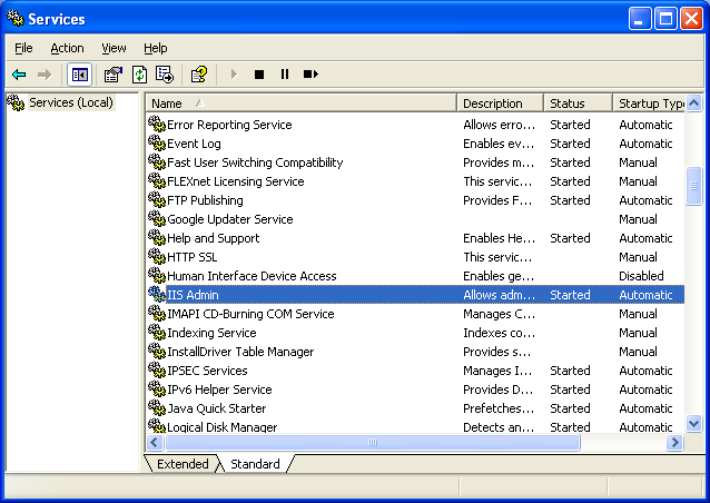 Install, configure, test and use IIS 5.x on Windows XP Pro SP2 machine: the IIS Admin service seen in the Windows Services snap-in