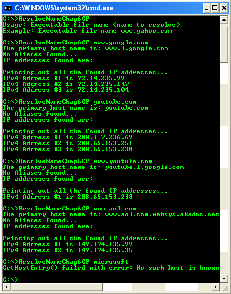 C++ Name Resolution Program Example - a sample output