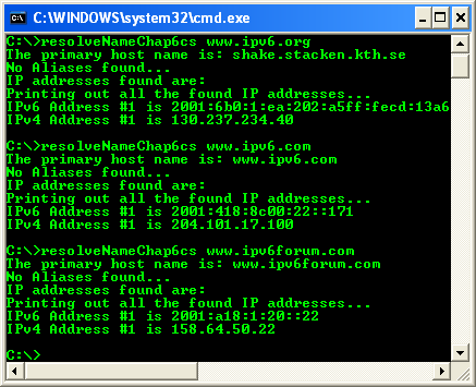 C# Name Resolution Program Example - a sample output with IPv6 protocol