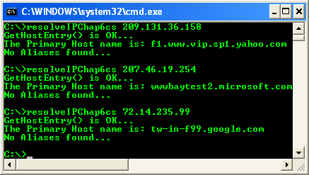 C# IP Resolution Program Example - a sample output with IPv4 protocol