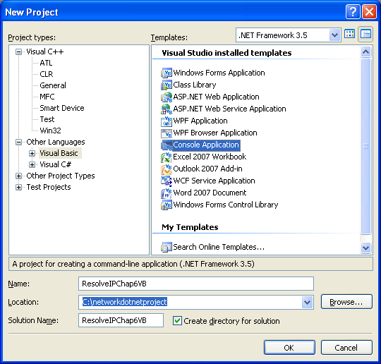 VB .NET IP Resolution Program Example - a new console application project creation in Visual Studio 2008 IDE