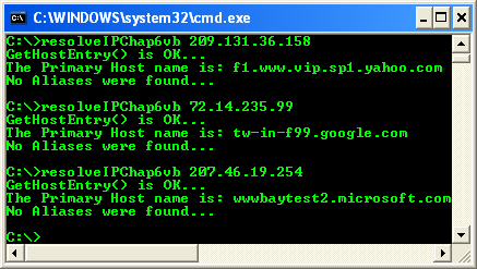 VB .NET IP Resolution Program Example - a sample output when the program run from the command prompt
