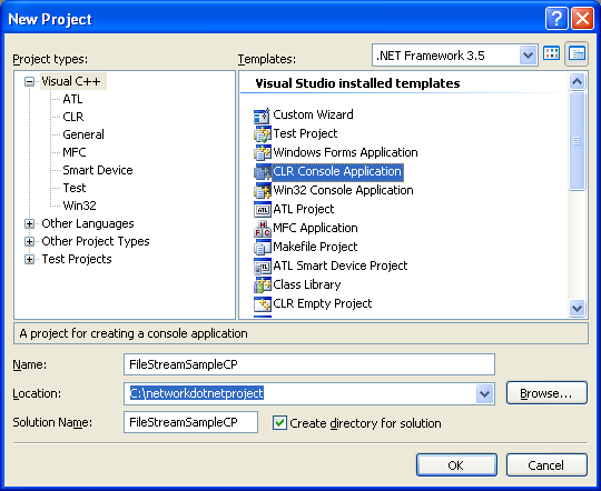 C++/CLI file stream project creation in Visual Studio 2008