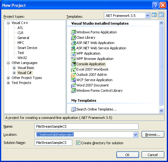 C# FileStream project example - console mode application project