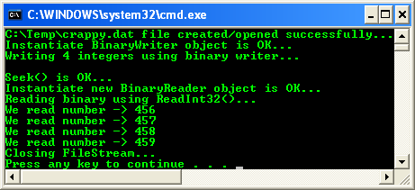 C++/CLI BinaryWriter and BinaryReader CLR console application project example - a sample console output