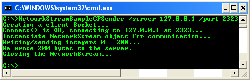 C++/CLI NetworkStream Example – Receiver Program - CLR console application project example - sample sender/client output