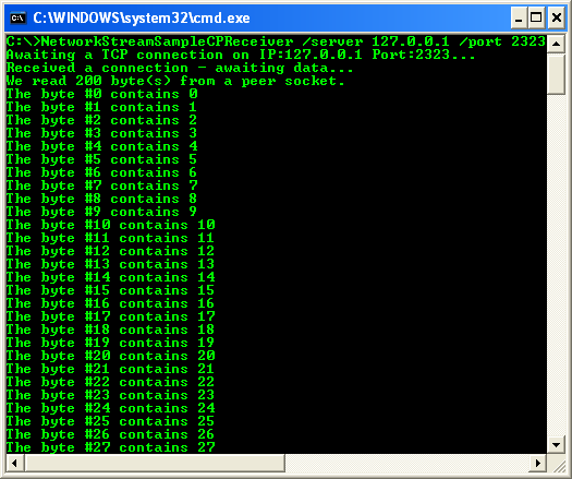 C++/CLI NetworkStream Example – Receiver Program - CLR console application project example - sample receiver/server output example